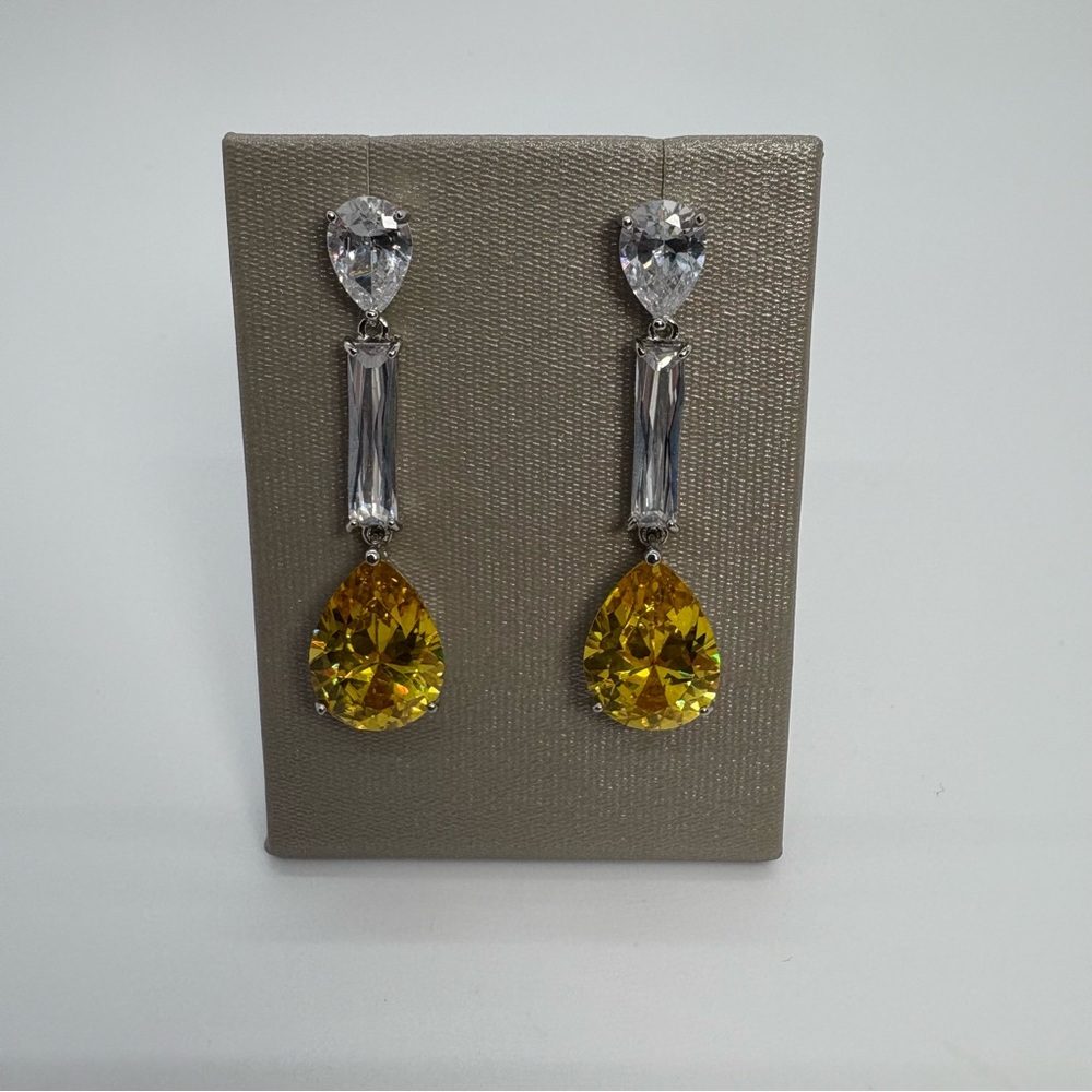 Silver Plated Yellow Canary And Clear Cubic Zirconia Dangle Bridal Earrings